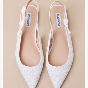 Elegant White Steve Madden Women's Pearl bridal flats sling back Shoes Sz 8.5